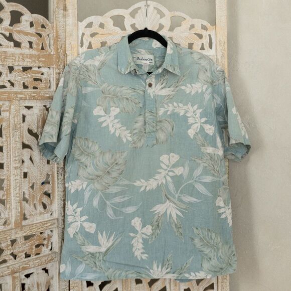 Men's Vintage Bishop St. Blue Floral Hawaiian Short-Sleeve Button Up Shirt sz M - Picture 1 of 6